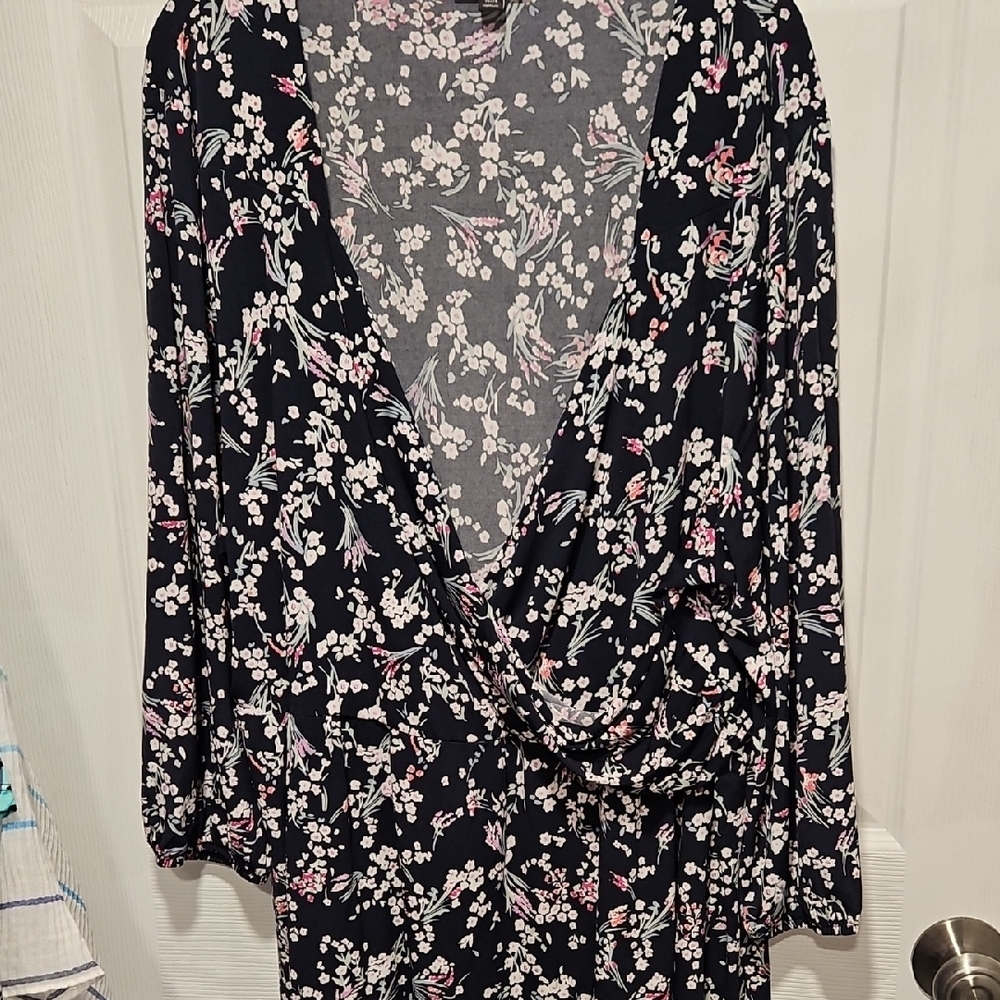 Floral Faux Wrap Blouse - Navy and White